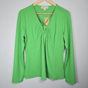 Michael Kors Green V-Neck Women's Chain Top Long Sleeve Stretch Size Medium NEW